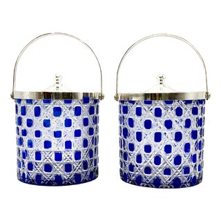 Mid-Century Modern Art Glass Jars with Blue Cut in Clear Crystal Biscuit Barrels with Silver-Plated Mounts, 1950s, Set of 2 For Sale