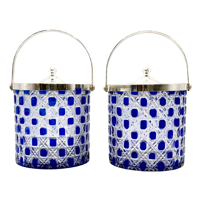 Mid-Century Modern Art Glass Jars with Blue Cut in Clear Crystal Biscuit Barrels with Silver-Plated Mounts, 1950s, Set of 2 For Sale