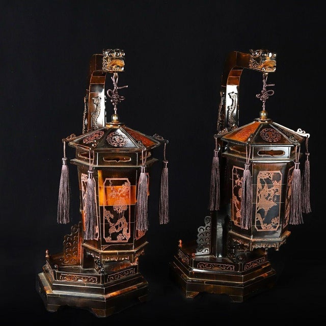 Pair of Vintage Carved Horn Hexagonal Lantern Ornaments With Stands For Sale - Image 9 of 9