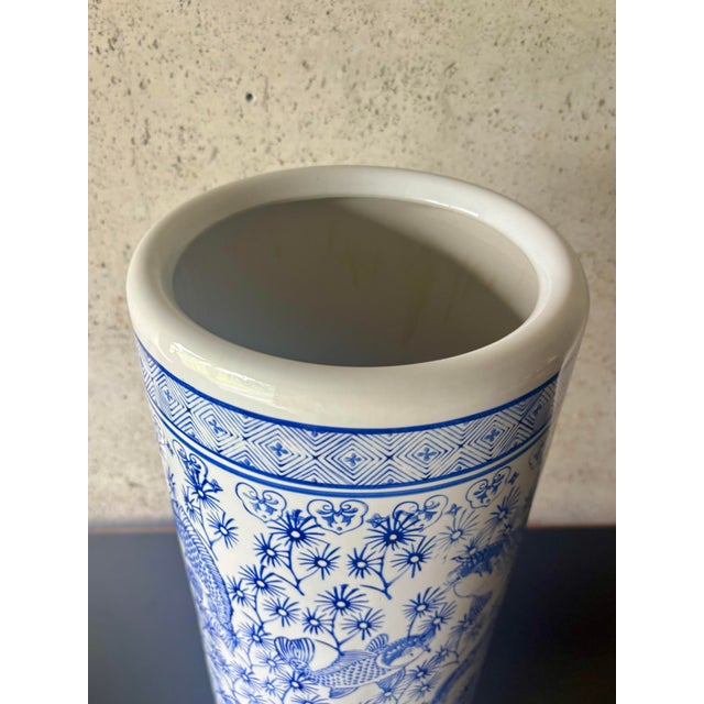 Chinese Vintage Chinese Blue and White Porcelain Fish Umbrella Stand For Sale - Image 3 of 6
