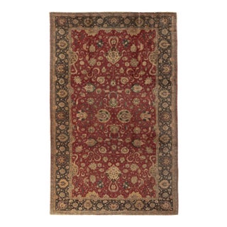 Hand-Knotted Antique Hereke Rug in Red, Beige-Brown Floral Pattern, Black Border For Sale