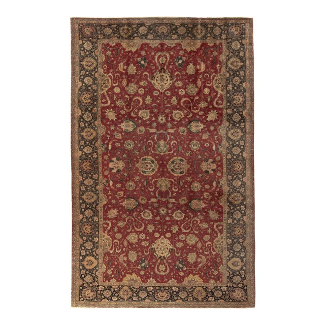 Hand-Knotted Antique Hereke Rug in Red, Beige-Brown Floral Pattern, Black Border For Sale