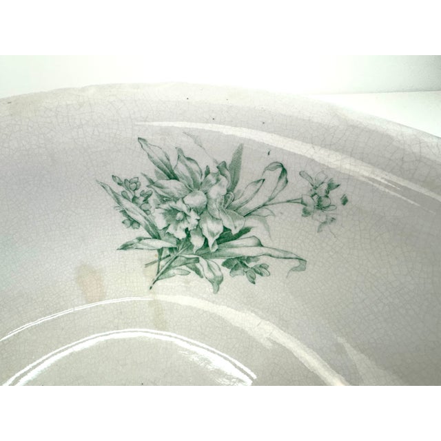 1950s Antique French Digoin Ironstone Serving Bowl Green Floral For Sale - Image 5 of 9