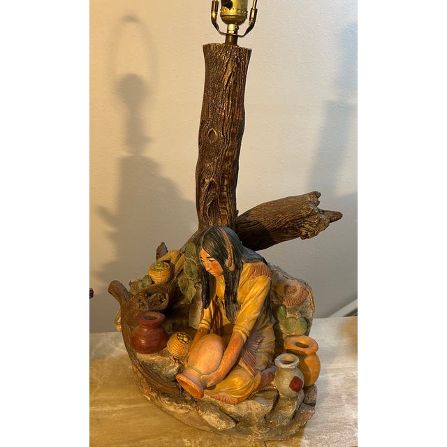 Sculpture Materials Vintage Rustic Cabin Apsit of California American Indian Scenes Chalk Lamps - Set of 2 For Sale - Image 7 of 9