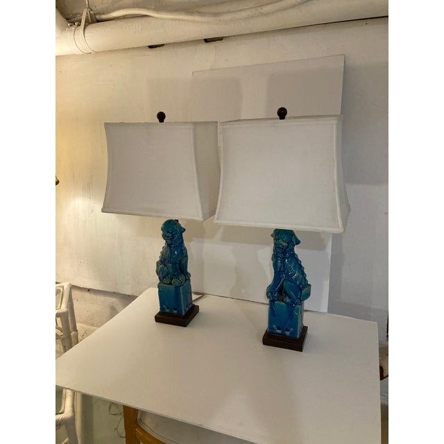 Foo Dog Turquoise Glazed Porcelain Table Lamps With Pagoda Shades - A Pair For Sale In Los Angeles - Image 6 of 12