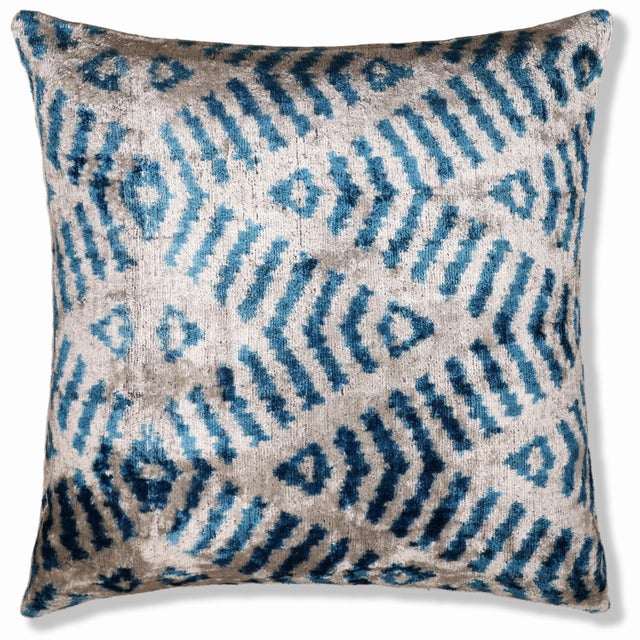 Handmade Blue Ikat Silk Velvet Pillow 20x20 | Designer Accent Cushion For Sale - Image 4 of 8