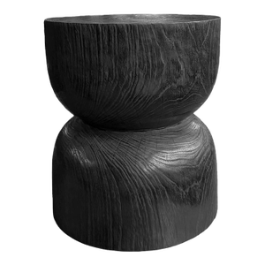 Round Teak Wood Side Table, Burnt Finish, Layered Design, Modern Organic