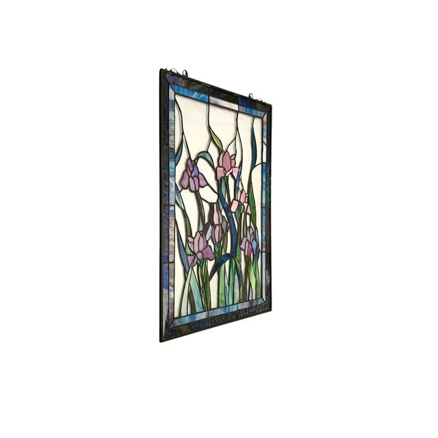 This vintage stained glass hanging panel features a beautiful iris flower design, perfect for adding a touch of elegance...