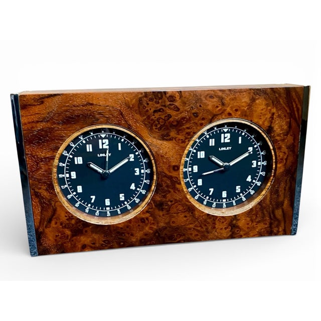 Linley Walnut Burl and Chrome Dual-Time Desk Clock, 2005 For Sale - Image 4 of 18