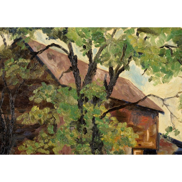 American Barn in the Shade - Original Mid-Century Oil on Canvas Farm Landscape by Claude Wolf For Sale - Image 3 of 9