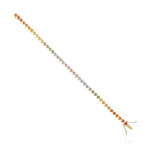 6.02ct Round Cut Multi Sapphire Bezel-Set Tennis Bracelet in 14k Yellow Gold For Sale In New York - Image 6 of 14