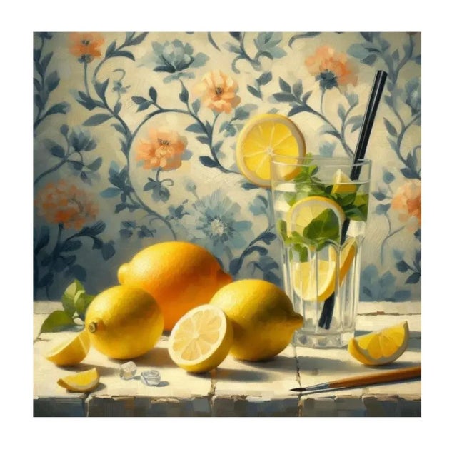Contemporary 2023 Acrylic Still Life Painting, Lemon Water and Citrus Against Wallpaper, Unframed For Sale - Image 3 of 3