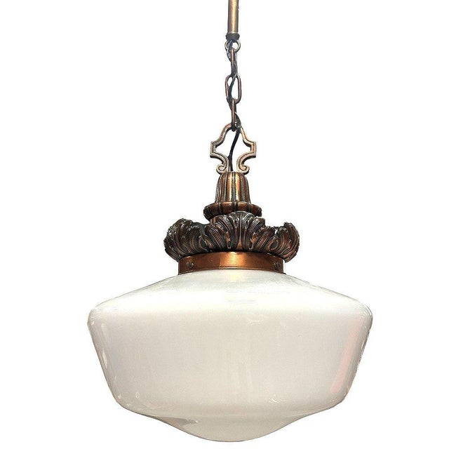 Art Deco 1930s Art Deco Copper Acanthus Leaf Hanging Pendant Light W/ Opal Schoolhouse Globe For Sale - Image 3 of 5