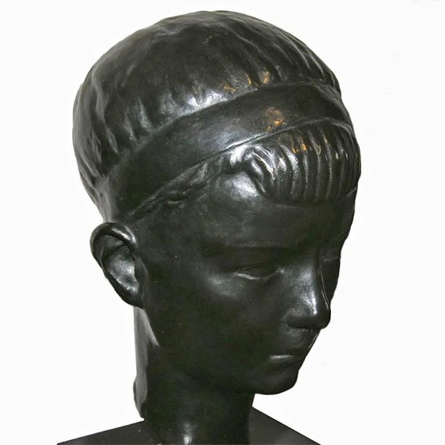 Metal Bronze Boy's Head Sculpture on Pedestal, Mid-20th Century For Sale - Image 7 of 10