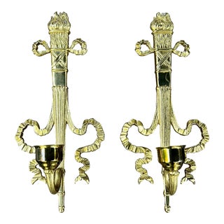 Pair of Empire Solid Brass Candle Stick Wall Sconces For Sale