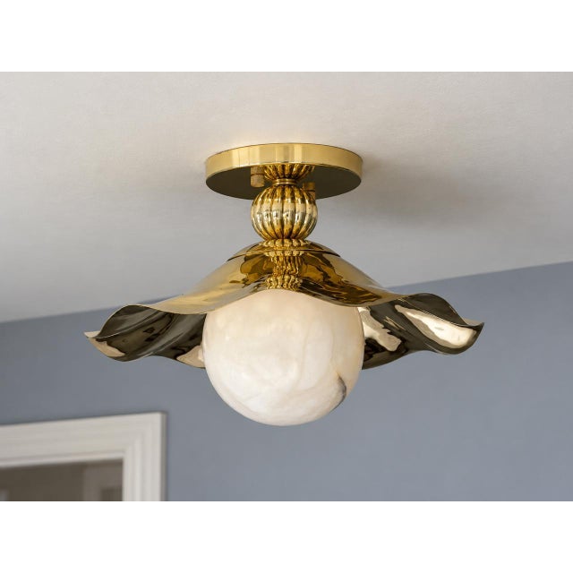 Wavy Brass Flush Mount Light With Alabaster Globe For Sale - Image 4 of 13
