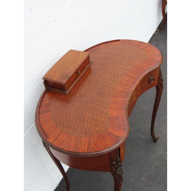 Wood French Early 1900s Kidney Shape Carved Inlaid Small Writing Desk 6620 For Sale - Image 7 of 16