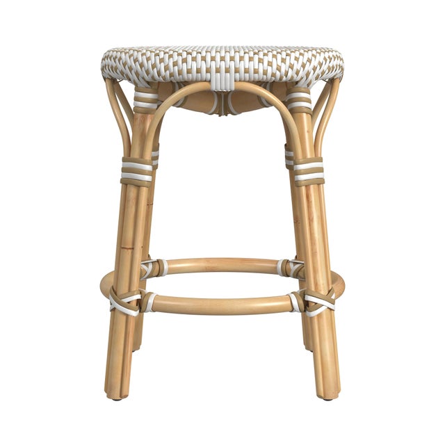 Spritely Home Accent Furniture Tobias 18 in. Seat Height Round Rattan Dining Stool, White/Tan Dot / Natural Rattan Frame For Sale - Image 4 of 7