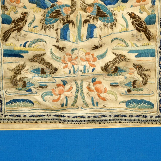 Textile Framed Antique Chinese Silk Embroidered Robe Sleeves Floral and Birds For Sale - Image 7 of 9