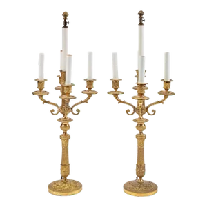 19th Century French Empire Gilt Bronze Candelabra Lamps - A Pair