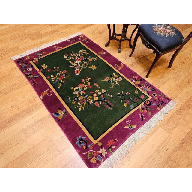 Vintage Chinese Art Deco Area Rug, Floral Design, Sage Green & Purple For Sale - Image 4 of 12