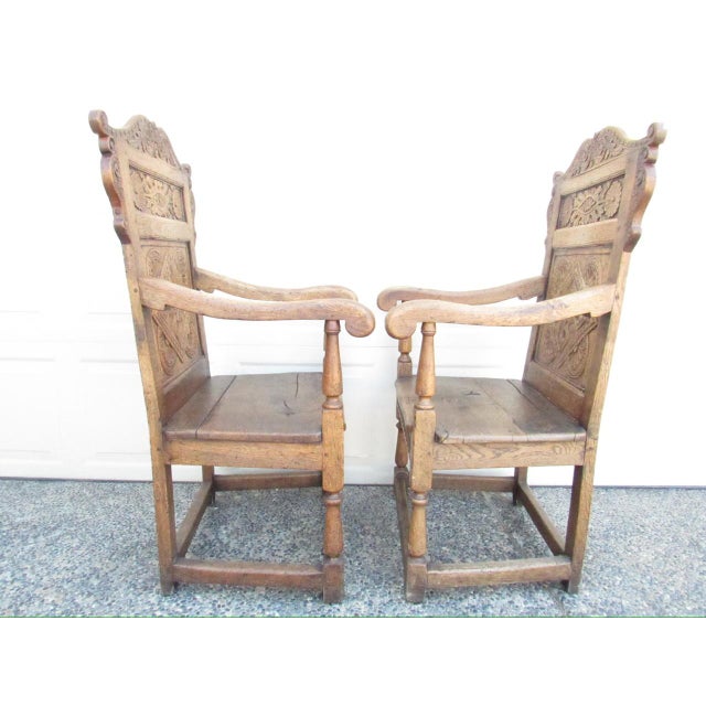 Antique Pair of English Jacobean Style Oak Armchairs For Sale - Image 9 of 18