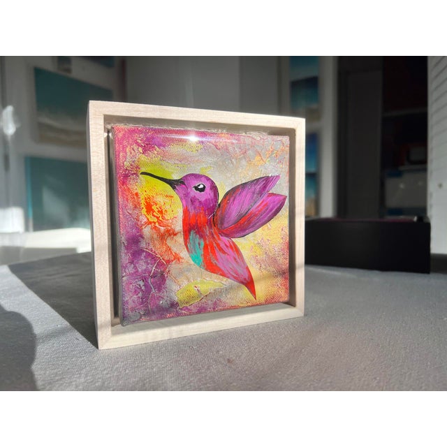 Abstract Hummingbird #6 by Ana Hefco | Tinted Layered Resin on Stretched Canvas of a colorful hummingbird For Sale - Image 3 of 4