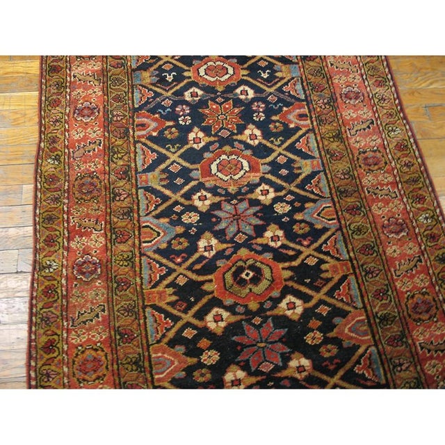 Textile 1890s Blue Navy Traditional Antique Runner Tribal Geometric Kurdish Wool Rug For Sale - Image 7 of 7