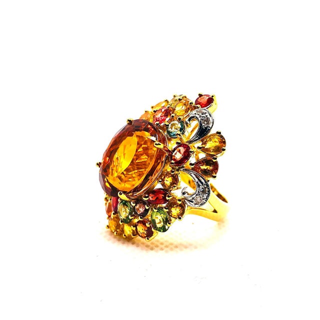 Bochic “Orient” Vintage Natural Citrine, Diamond & Sapphire Ring Set In 18K Gold For Sale - Image 10 of 12