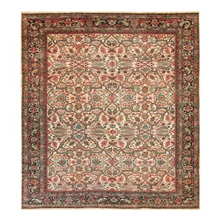 1880s Ivory Floral Handknotted Antique Persian Malayer Rug 8'7" X 9'3" Wool Carpet For Sale