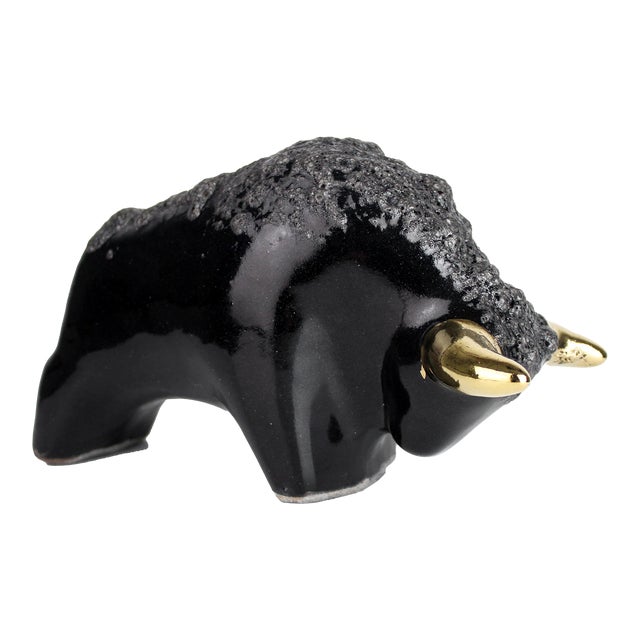 Mid-Century Modern Otto Keramik Ceramic Bull Buffalo Figurine Black Gold Horns Germany For Sale