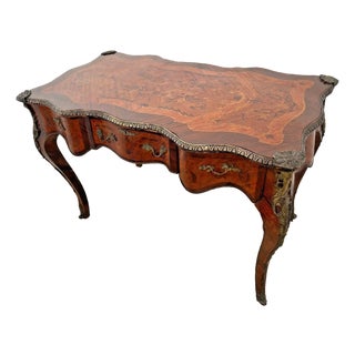 Antique French Desk Three Dovetail Drawers Brass Ormolu Hand Cut Floral Inlays For Sale