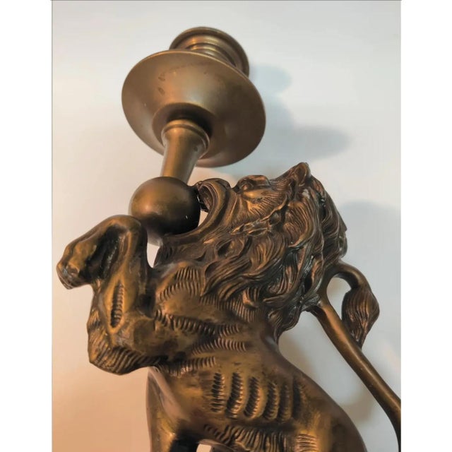 Mid 20th Century Mid 20th Century Pair of Heavy Bronze French Renaissance Lion Candle Holders For Sale - Image 5 of 10