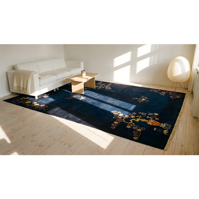 Extraordinarily Sprays of Flower With Butterfly in a Black Background Chinese Art Deco Rug For Sale - Image 14 of 15