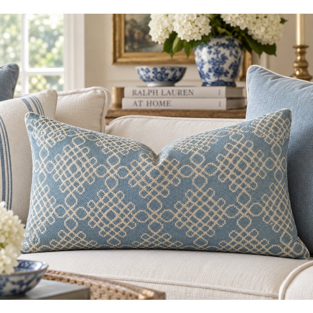 A rare Scalamandre Old World Weavers epingle cornflower blue lumbar pillow with the same fabric on both sides measuring 24...