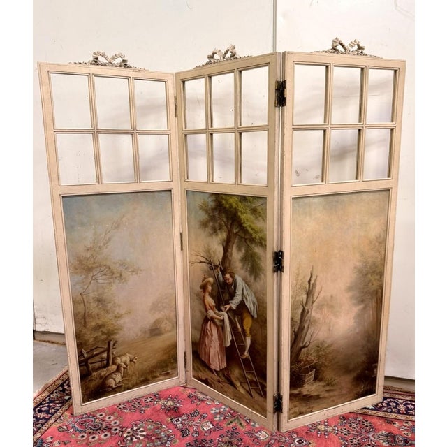 Louis XVI Three-Panel Screen with Romantic and Landscape Decorations, 1930s For Sale - Image 10 of 10
