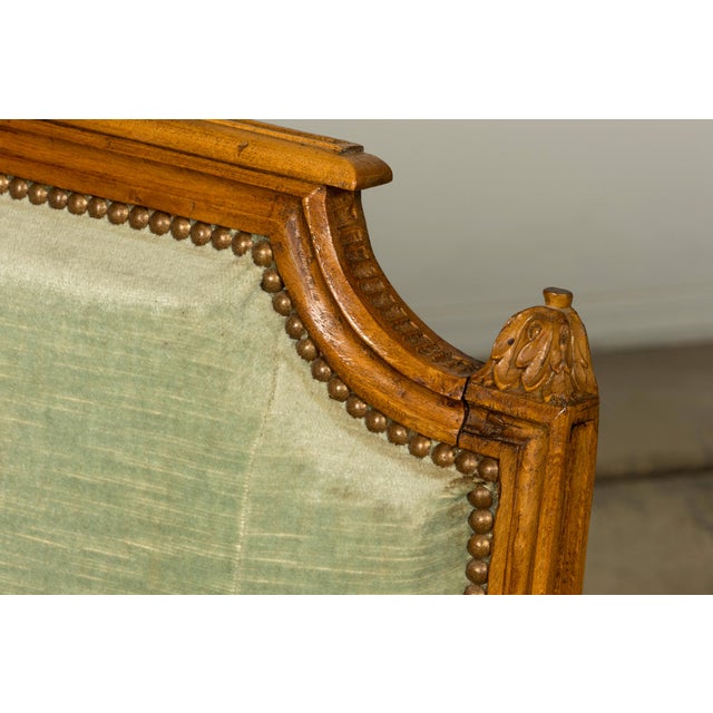 18th Century French Louis XVI Walnut Settee With Celadon Velvet For Sale - Image 9 of 18