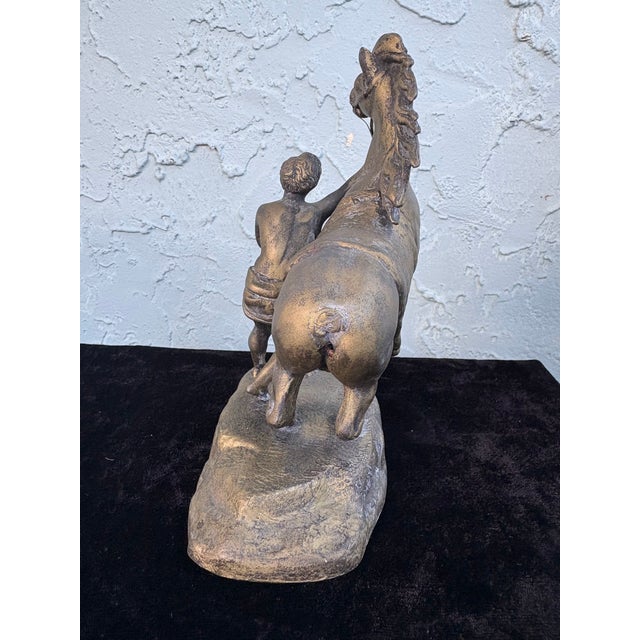 Early 20th Century Early 20th Century Signed Classical Bronze-Tone Sculpture of Youth Restraining a Rearing Horse For Sale - Image 5 of 10