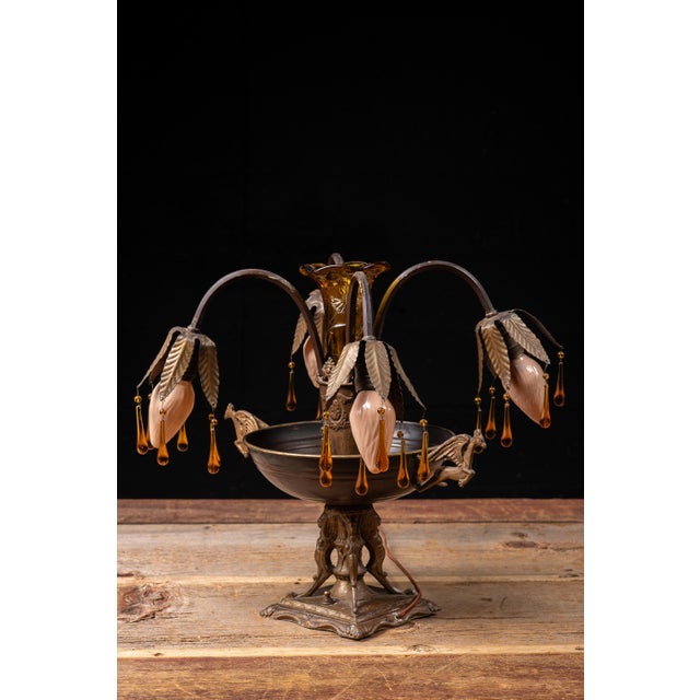 Early 20th Century Art Nouveau Brass and Amber Glass Tear Drop Epergne Lamp For Sale - Image 4 of 18