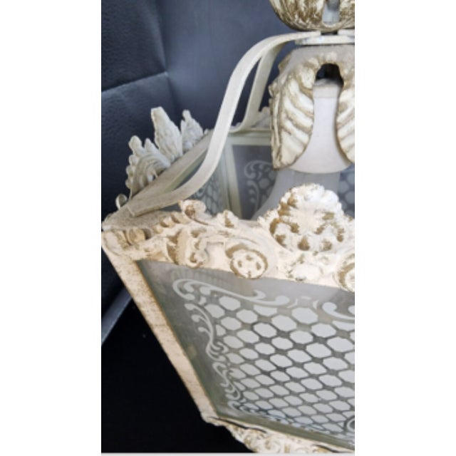 Vintage Tole and Etched Glass Panel Pendant Lantern For Sale - Image 9 of 12