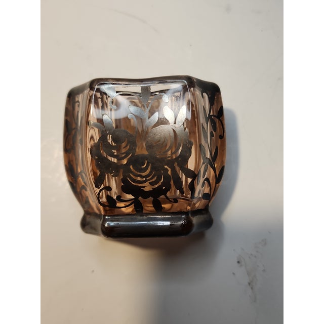 Pink Vintage Bohemian Pink Glass Crystal Silver Plate Decanter Shot Glass Aperitif Set- 7 Pieces For Sale - Image 8 of 13