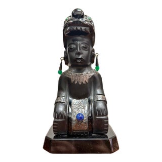 Vintage Mexican Sterling Silver 925 Obsidian, Lapis Lazuli & Malachite Aztec Figure Sculpture For Sale