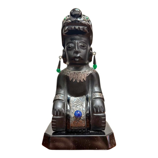 Vintage Mexican Sterling Silver 925 Obsidian, Lapis Lazuli & Malachite Aztec Figure Sculpture For Sale