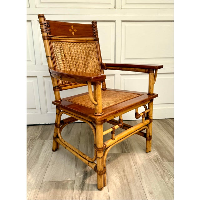 Brown Vintage Bamboo, Rattan & Wood Lounge Chairs With Ottomans, Set of 4 For Sale - Image 8 of 17