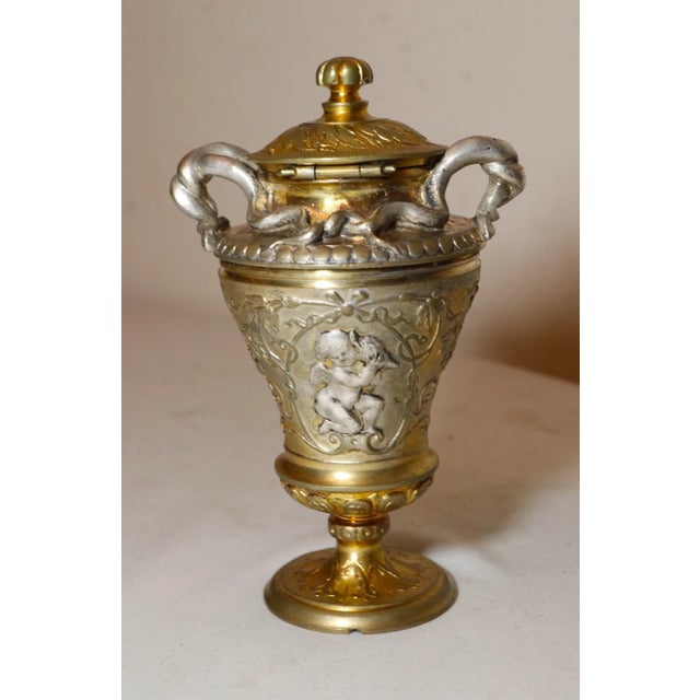 Figurative Antique 1800's Ornate Auguste Delafontaine Bronze Silver Gold Urn Pen Inkwell For Sale - Image 3 of 12