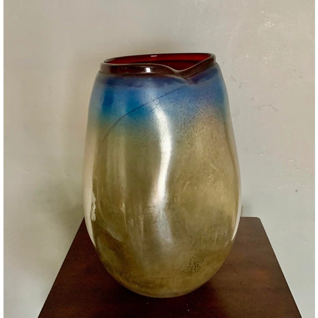 Glass Large Modern Contemporary Amber and Turquoise Art Glass Vase For Sale - Image 7 of 7