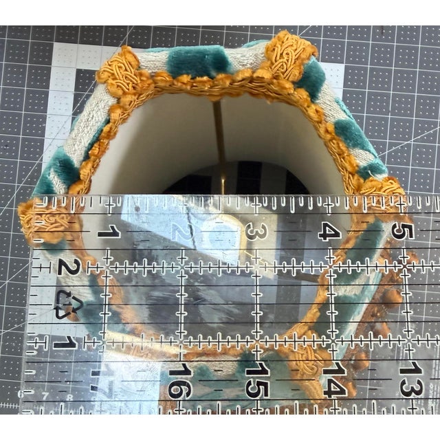 Hollywood Regency Designer Covington Teal Bunny Velvet Lamp Shade Tapered Drum With Brown Beaded Fringe That Glows For Sale - Image 3 of 6