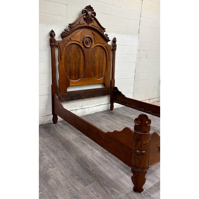 Antique Full Size Victorian Eastlake Carved Walnut and Flame Mahogany Bed For Sale - Image 12 of 14