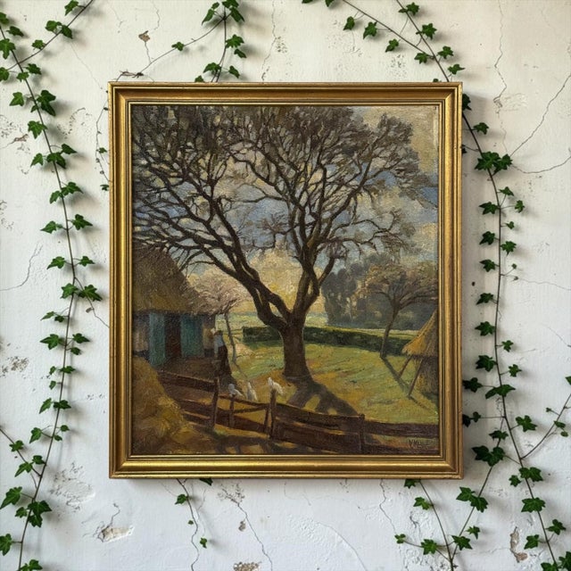 A captivating Belgian oil on canvas by Victor Mullie, Farmyard Beneath the Trees celebrates the beauty and gentle rhythm...