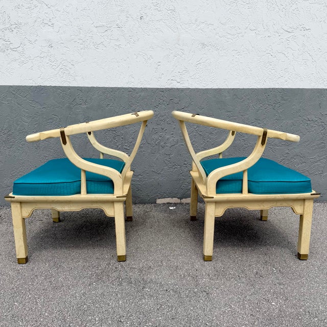 Cream Vintage Ming Style Horseshoe Lounge Chairs With Faux Alligator Skin - A Pair For Sale - Image 8 of 11